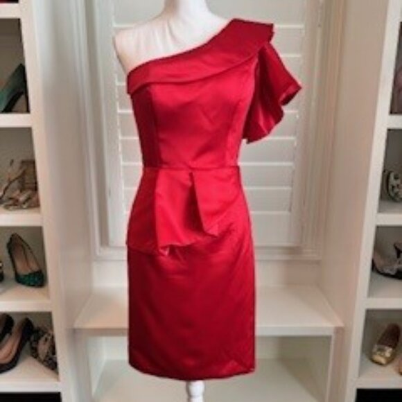 Red One-Shoulder Ruffle Satin Cocktail Dress – Size Medium - Picture 2 of 9